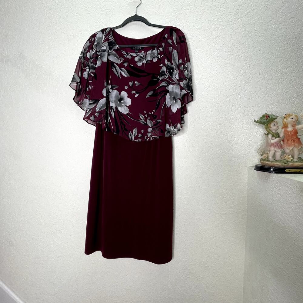 Connected Apparel Womens 6 Burgundy Floral Chiffon Cape Sheath Dress NWOT